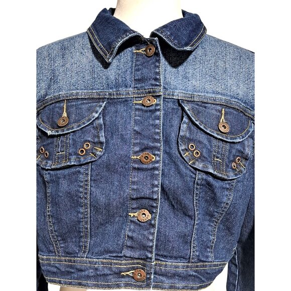 90s Star Jeans Womens Cropped Denim Jacket Y2K Style Medium Wash L/XL - Picture 6 of 7